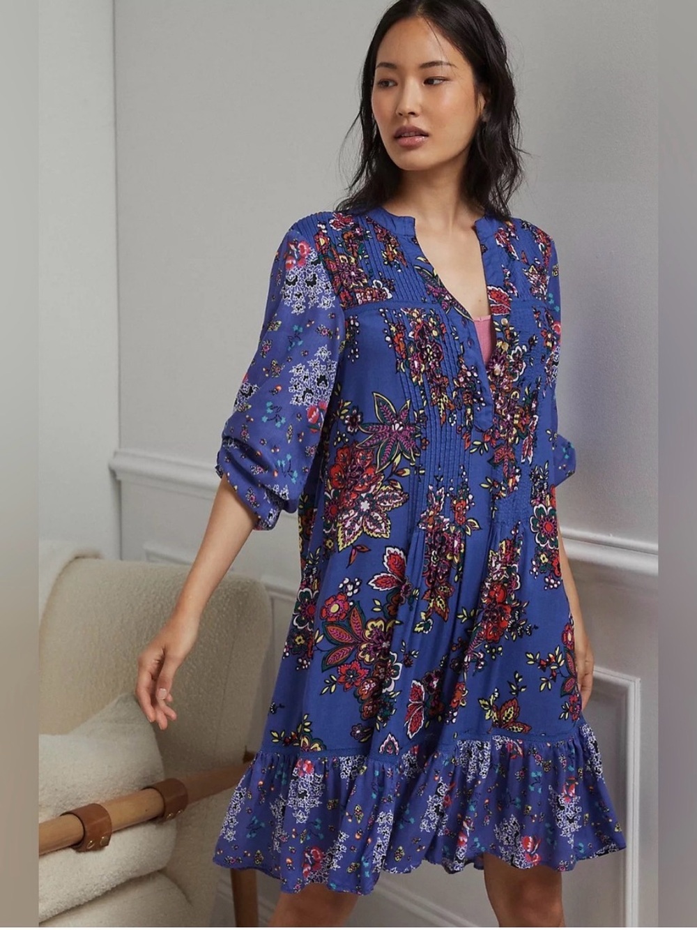 Anthropologie Diana Blue Floral Pintuck Tunic Ruffle Hem Dress Size XS Overaized